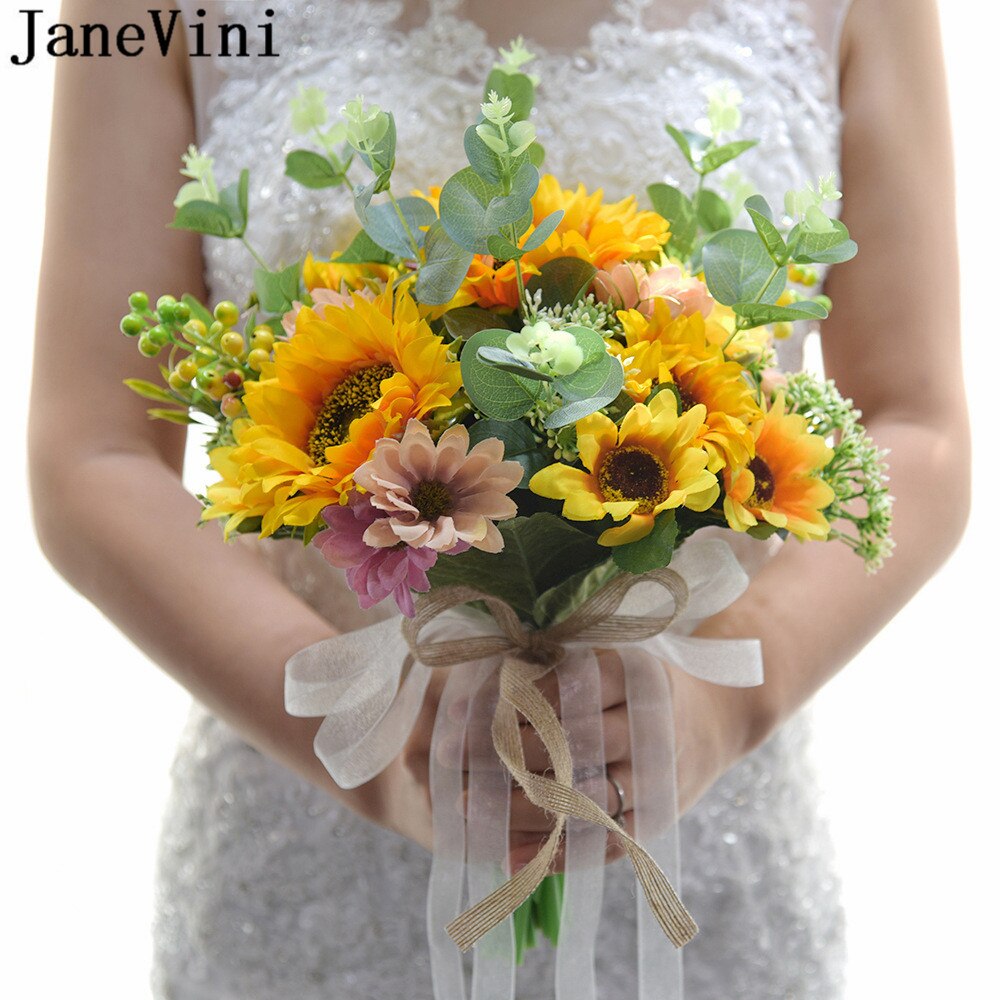 JaneVini – Bouquet de mariée tournesol jaune, fausses fleurs, feuilles vertes, roses artificielles, broches de mariée,