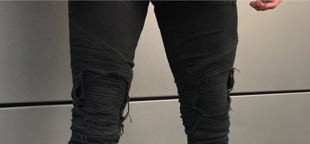 biker Jeans Mens Joggers Pants Stretch Ripped Black Denim Destroyed Bottom zipper jeans Homme Streetwear Hip Hop