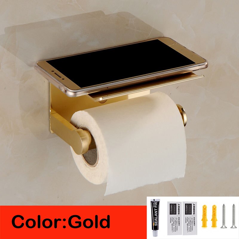 Badeværelse toiletpapirholder sort sølvguldserviet telefonstativ vægmonteret plads aluminium wc papirholder med hylde: Guld