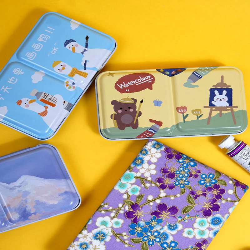 Artist Watercolor Paint Palette Empty Painting Storage Tin Box Iron Paint Tray with Half Pans Painting Supplies