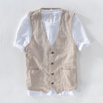 Mans vintage linned jakkesæt vest slankt materiale 55% hør  + 45% bomulds vest mandlige afslappet stribet tynd vest vest asiatisk str. m -3xl: L728 khaki / M