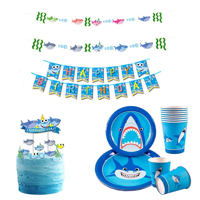 Ocean Shark Disposable Tableware Animal Pattern Paper Plates Cups Hanging Banners Ornaments Kids Birthday Party Supplies
