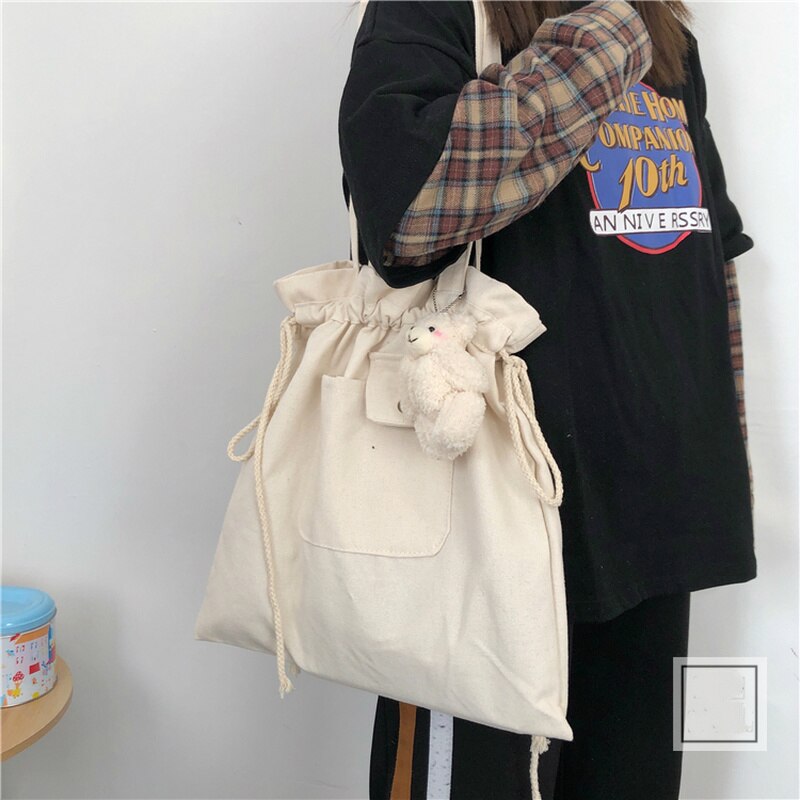 Indkøbstasker kvinder plaid snøre afslappet justerbar stor kapacitet ins søde studerende shopper canvas taske enkel koreansk stil