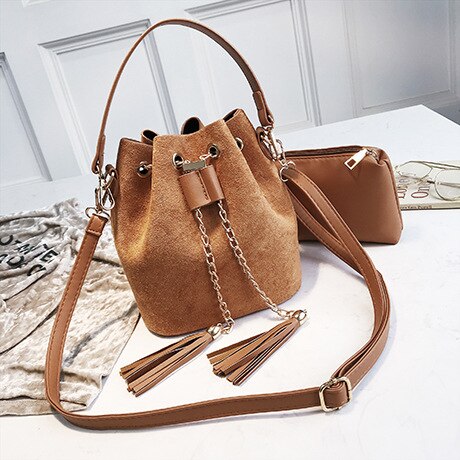 Mini bandoulière sacs à main mignon daim seau sac organisateur petit gland en cuir PU femmes sacs à bandoulière Bolsos: brown