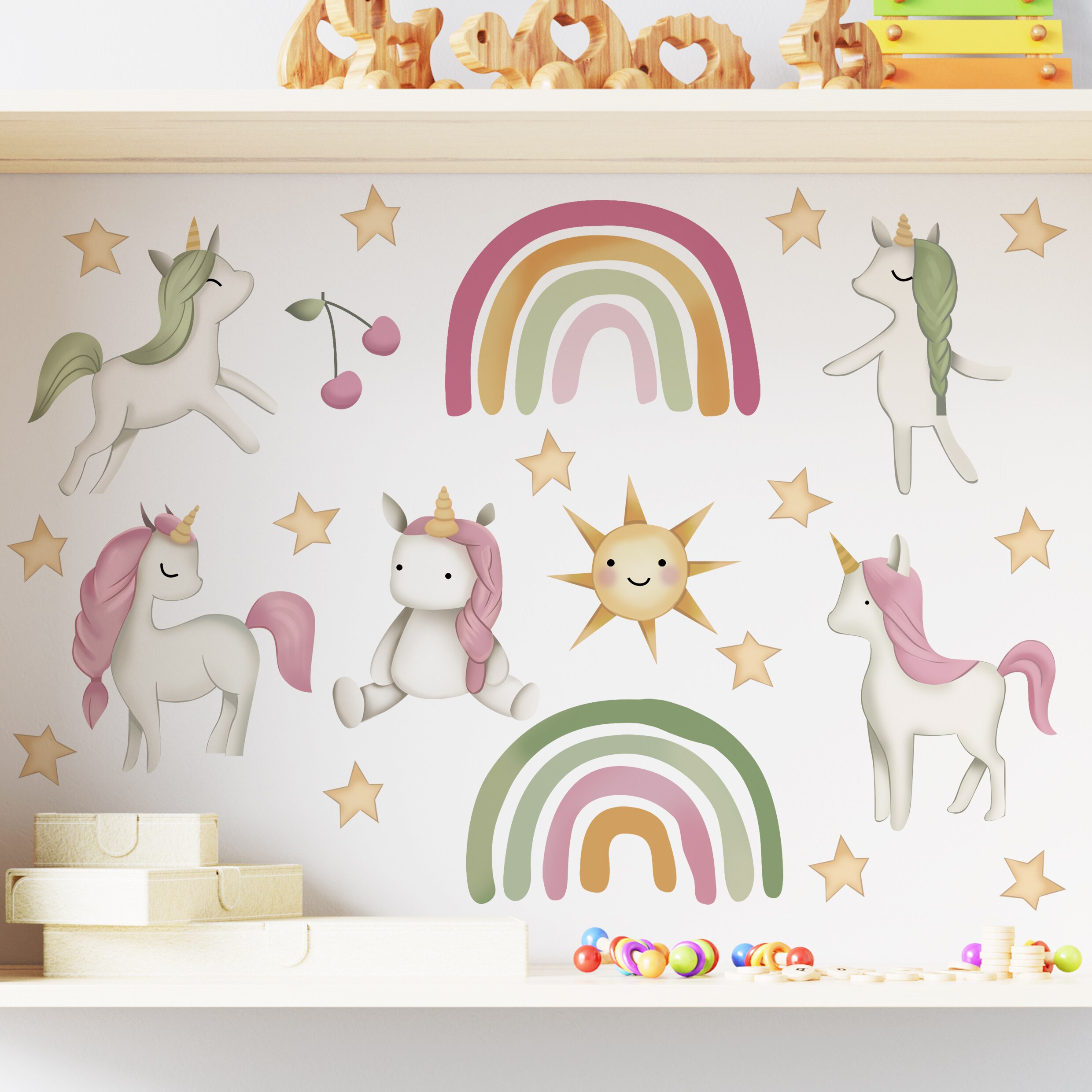 Cartoon Eenhoorn Muursticker Dromerige Cloud Sterren Regenboog Behang Home Decoratie Woonkamer Slaapkamer Muurtattoo Voor Kinderen