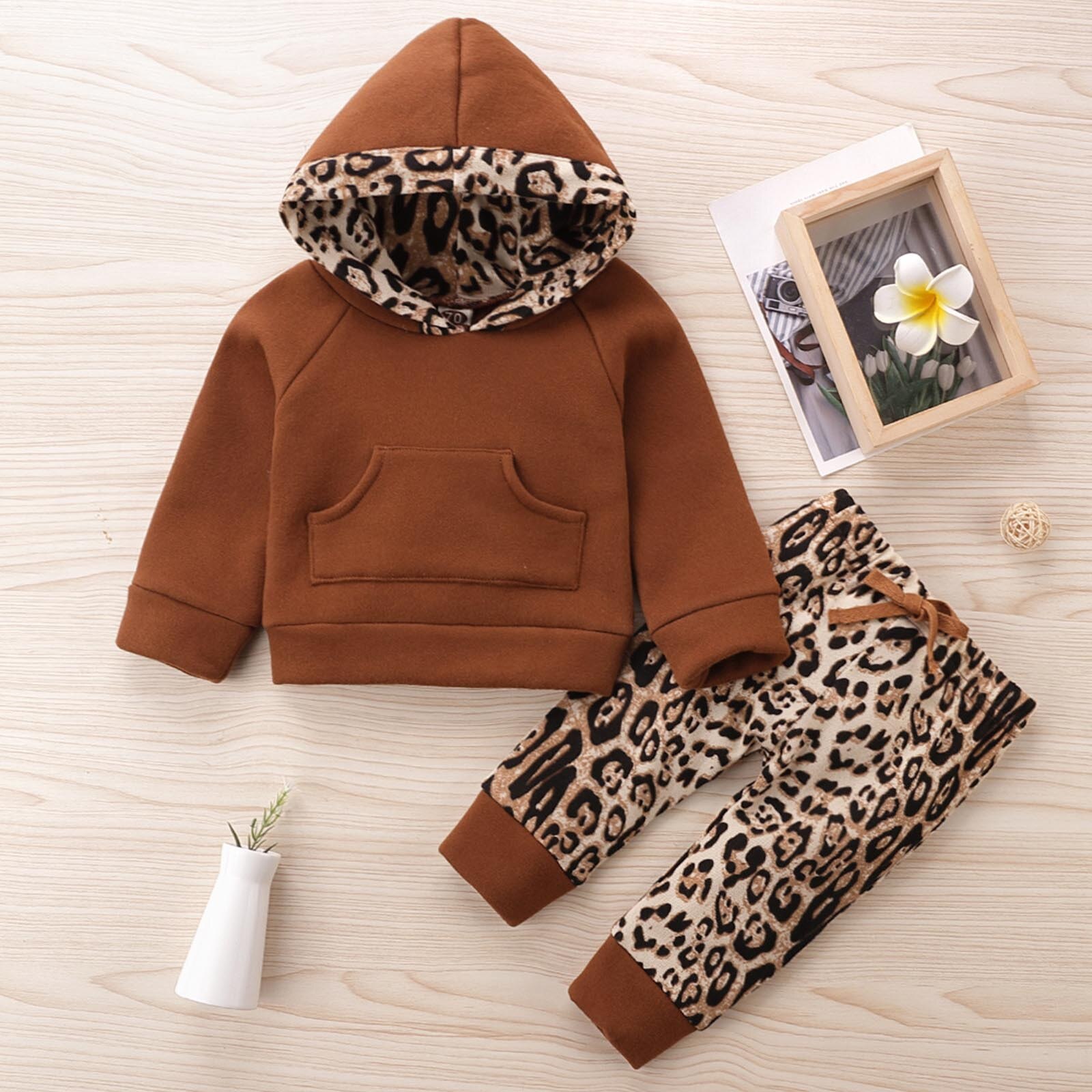 Peuter Set Baby Jongens Meisjes Winter Mode Dikke Warme Capuchon Leopard Pocket Socket Tops + Broek Outfits Kinderen kleding