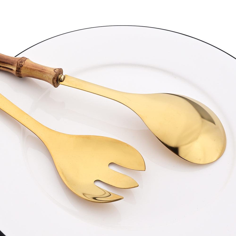Juego de cubiertos de cocina con mango largo, cuchara para ensalada, tenedor, vajilla de acero inoxidable, mango de madera de bambú, 2/4 Uds.