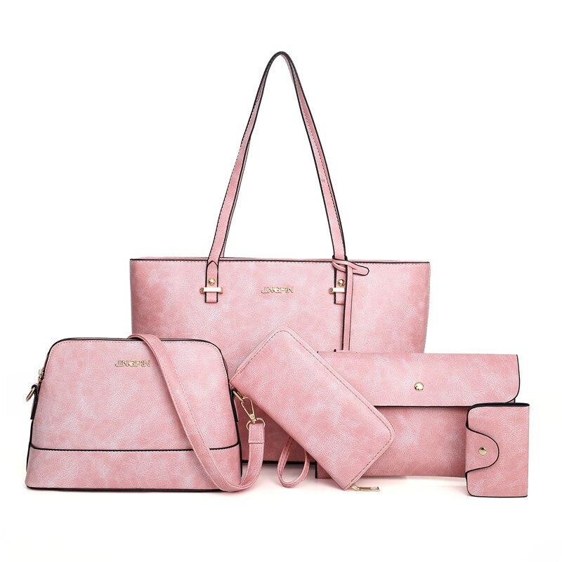 Gaohe style women's bag Retro Leather bag five piece set European and American Portable shoulder bag one piece: Pink.