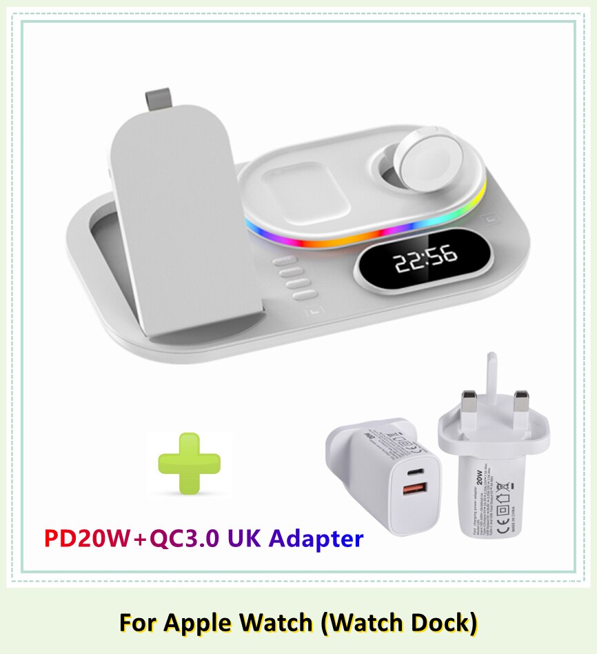 LED 4 in 1 Wireless Charger Dock Qi Fast Charging Station for Apple Watch Airpods iPhone 12 13 Pro Samsung S21 Note Mobile Phone: White apple UK Plug