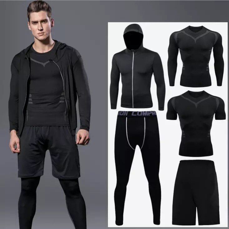 5 pièces/ensembles hommes vêtements de sport homme rashguard costume homme kit mma compression vêtements pour hommes à manches longues t-shirt + entraînement l