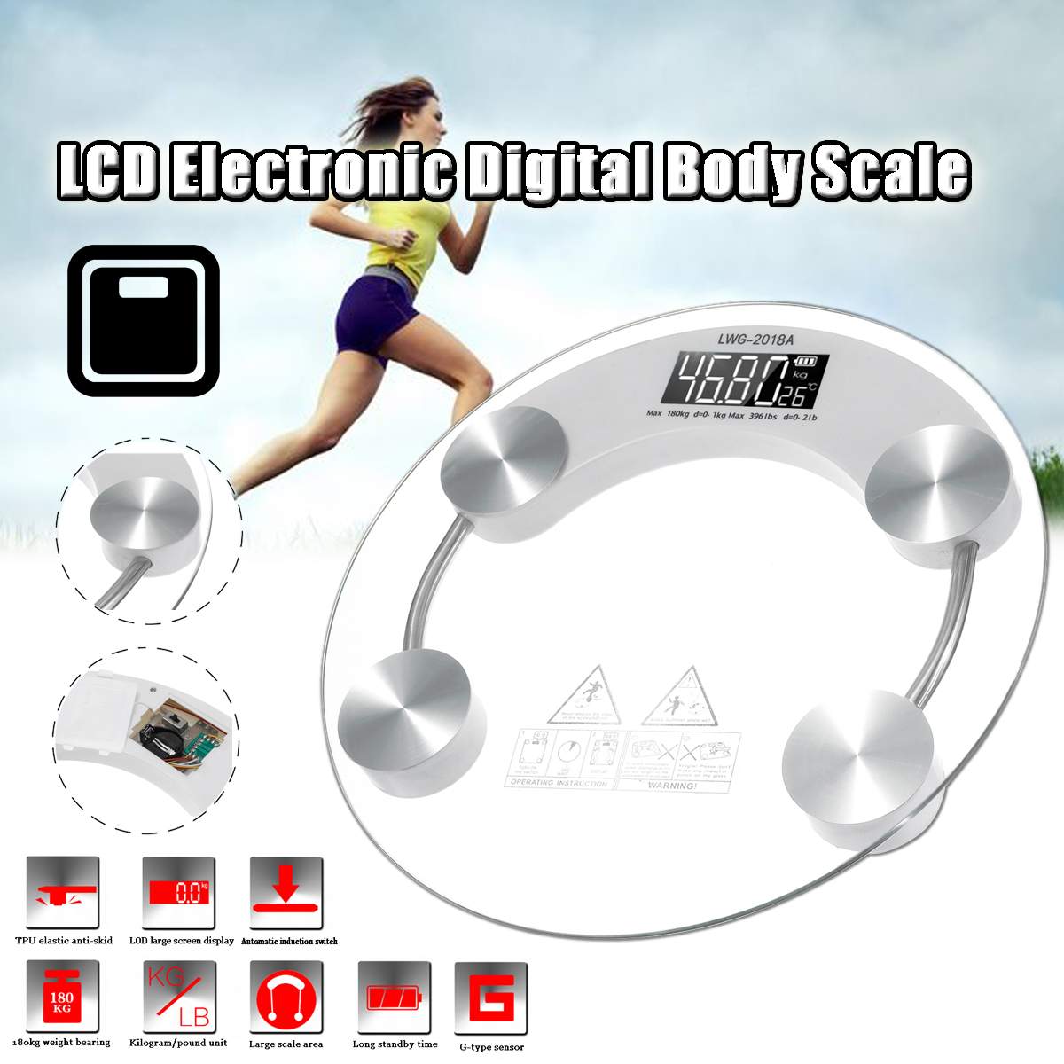 toughened glass electronic digital body scale 180kg bathroom gym intelligent scale LCD body scale digital weight scale