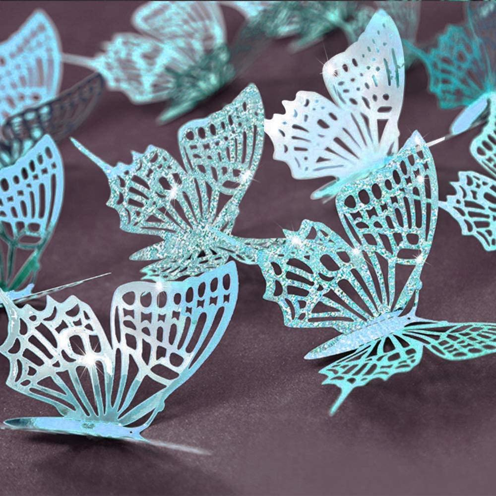 48PCS Teal Hollow 3D Butterfly Wall Sticker Glitter Paper Butterflies Wall Decal Removable Sticker Butterflies Theme Cake Decor