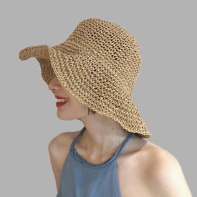 Simpel pige raffia solhat bred skygge floppy sommer hatte til kvinder strand panama halm kuppel spand hat femme skygge hat