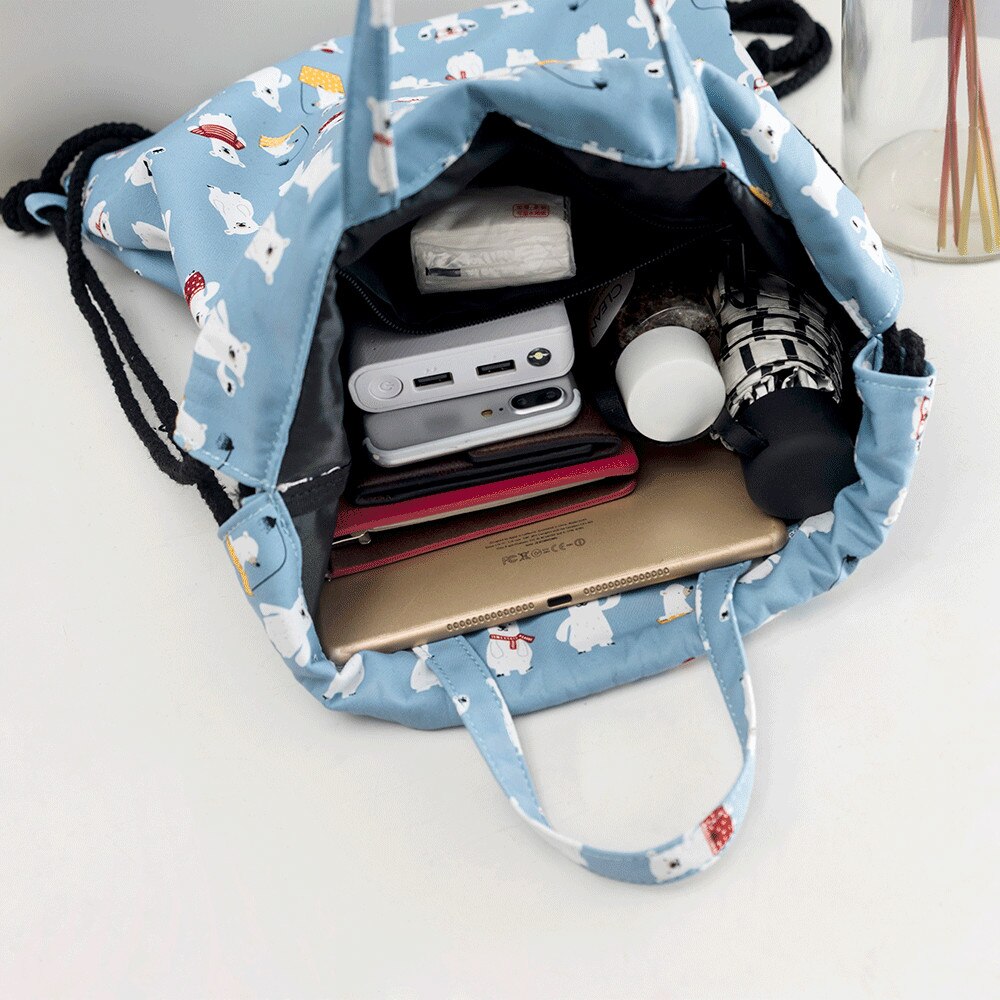 Dames kleine canvas rugzak met trekkoord, waterdichte schouderband, tassen voor meisjes, witte beer, blauwe polyester rugzak met koord