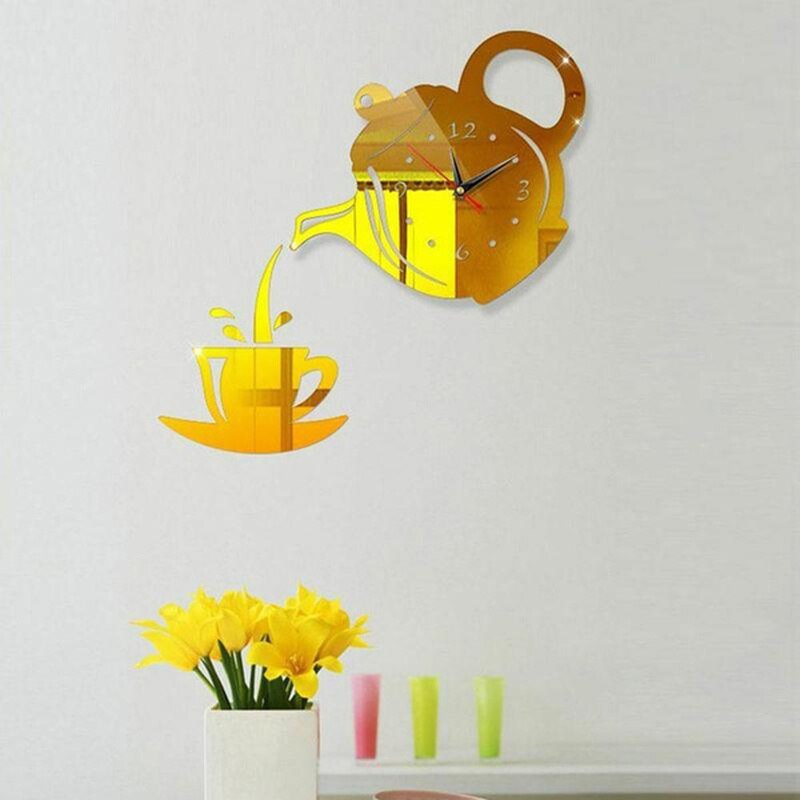 Teapot Kettle Wall Clock 3D Acrylic Coffee Tea Cup Wall Clocks for Office Home Kitchen Dining Living Room Decorations