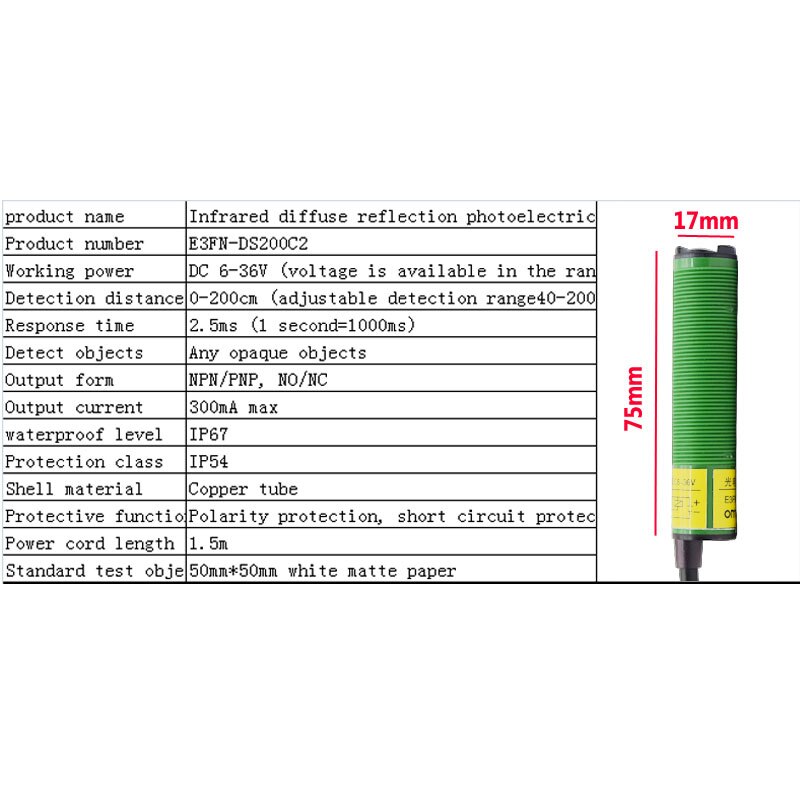 Interruptor fotoeléctrico de reflexión difusa infrarroja E3FN-DS200C2 NPN NC, 0-200cm, range40-200cm de detección ajustable
