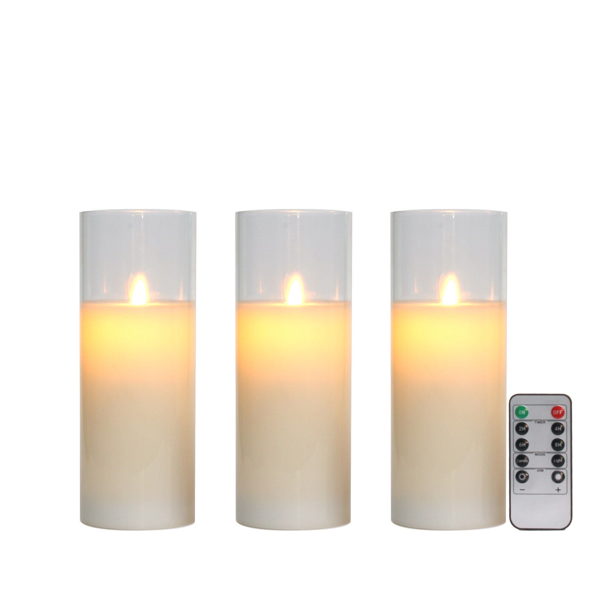 Glass Flameless Candles Set 8" 10" 12" Battery Operated Real Wax Pillars Glass LED Candles With Remote Control Cycling Timer: 3 pcs 8inch set