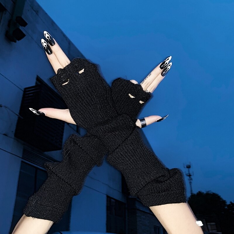 Gants noirs en tricot côtelé pour femmes, gothique, Punk, Harajuku, trou déchiré, longueur du coude, mitaines, Anime Cosplay, chauffe-bras H7EF