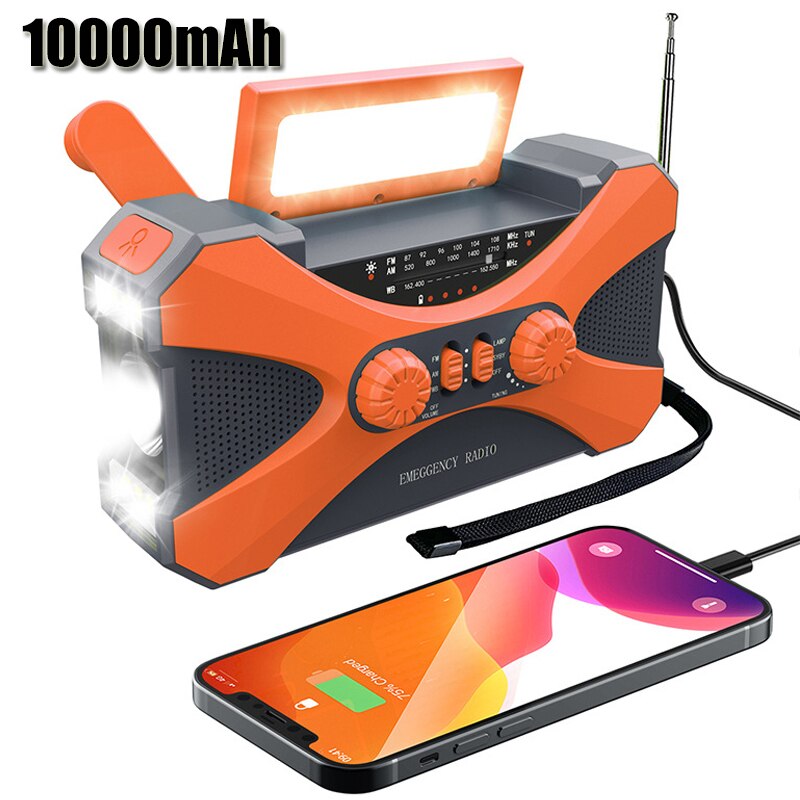 Portable Radio Hand Crank AM/FM/NOAA Emergency 3-in-1 Reading Lamp Flashlight Solar Charging 10000mAh Power Bank Support SOS