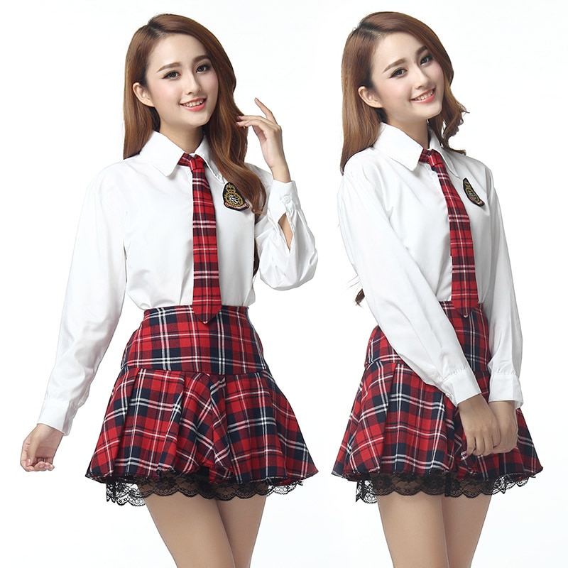 Korean long Sleeves School Uniform Suit Girls Performers Student Costume women's japanese School uniform shirt + Plaid skir