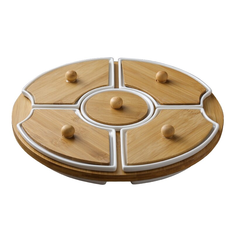 Ceramic Five Grid Rotating Platter with Lid Rotating Tray Candy Fruit Plate Large Divided Snack Tray Home Decoration