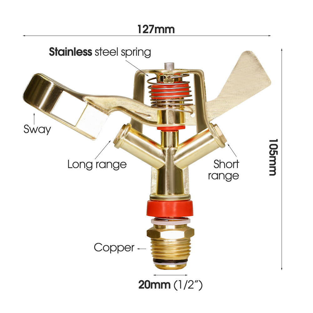1/2 3/4'' Male Thread Metal Pulsating Sprinkler Zinc Alloy 360° Rocker Arm Water Spray Nozzle for Greenhouse Garden Irrigation