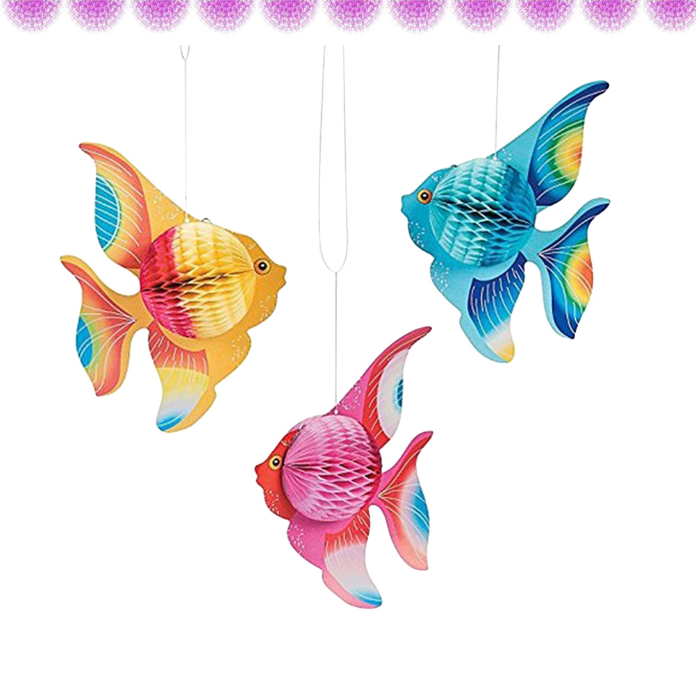 6pcs Colorful Tissue Paper Goldfish Foldable Tropical Fish Decoration Hanging Ornament Party Supplies (Gold + + Blue)