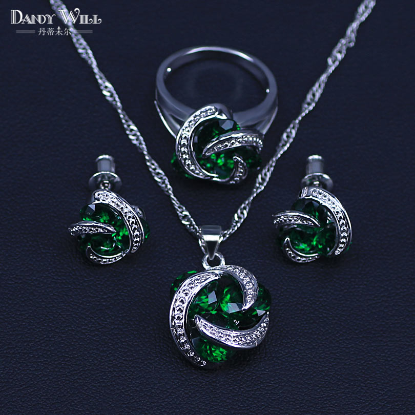 Klassieke Ronde Groene Kubieke Zirkoon vrouwen 925 Sterling Zilveren Sieraden Sets Hoepel Oorbellen/Hanger/Ketting/Ringen