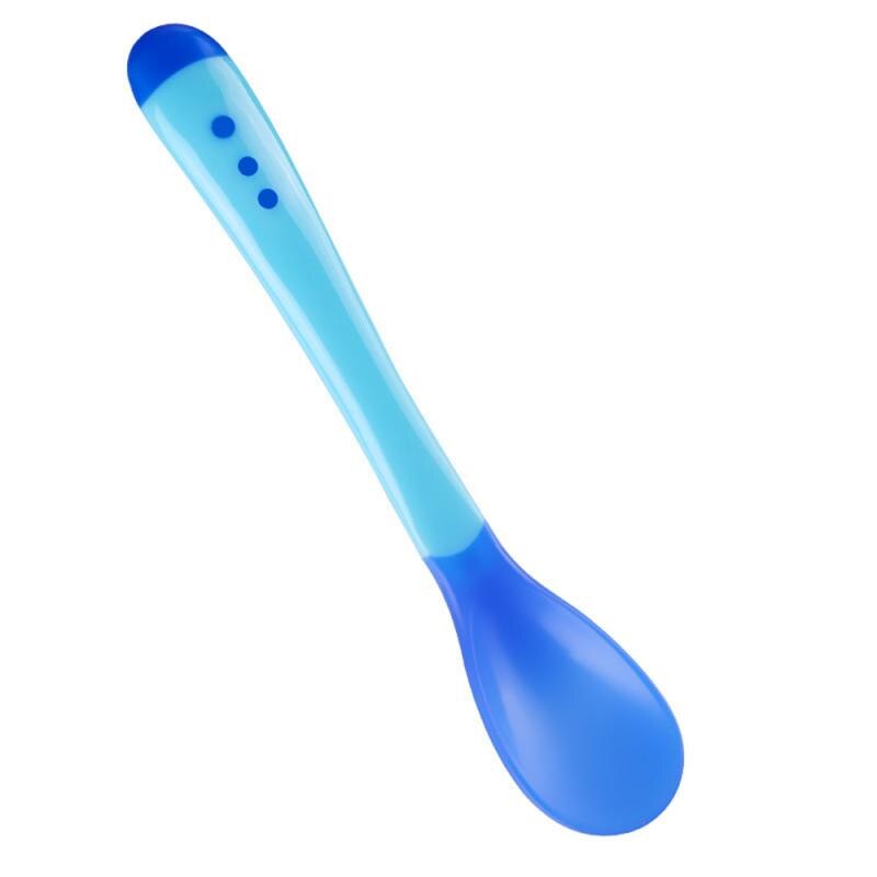 Cuchara y tenedor con sensor de temperatura para niños y niñas, cucharilla de silicona de seguridad para bebés, cubiertos de alimentación: Azul