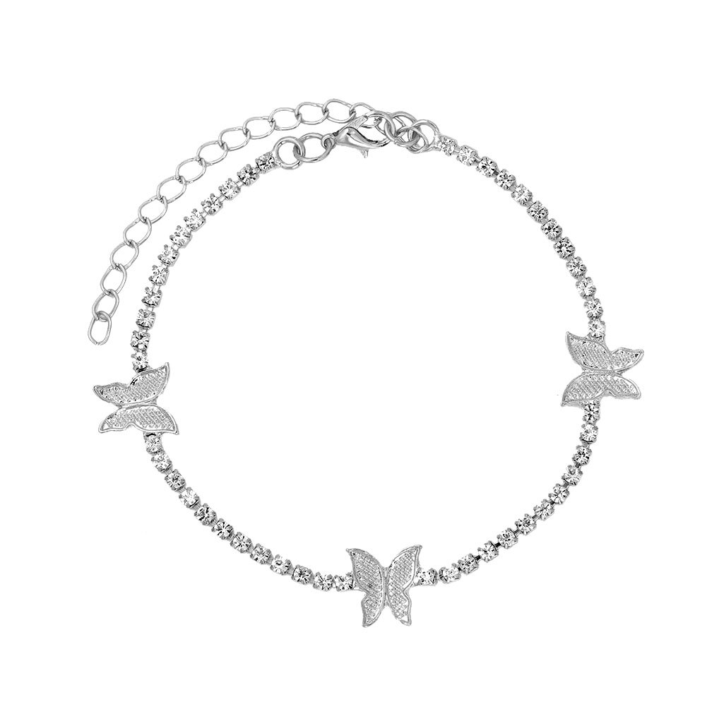 Flatfoosie Hip hop Rhinestone Butterfly Anklet Bracelet Women Gold Silver Color Crystal Tennis Chain Anklet on Leg Foot Jewelry: 004602SL