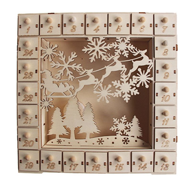 Christmas Tree Wooden Advent Calendar Countdown Decoration 24 Drawers with LED Light: 3