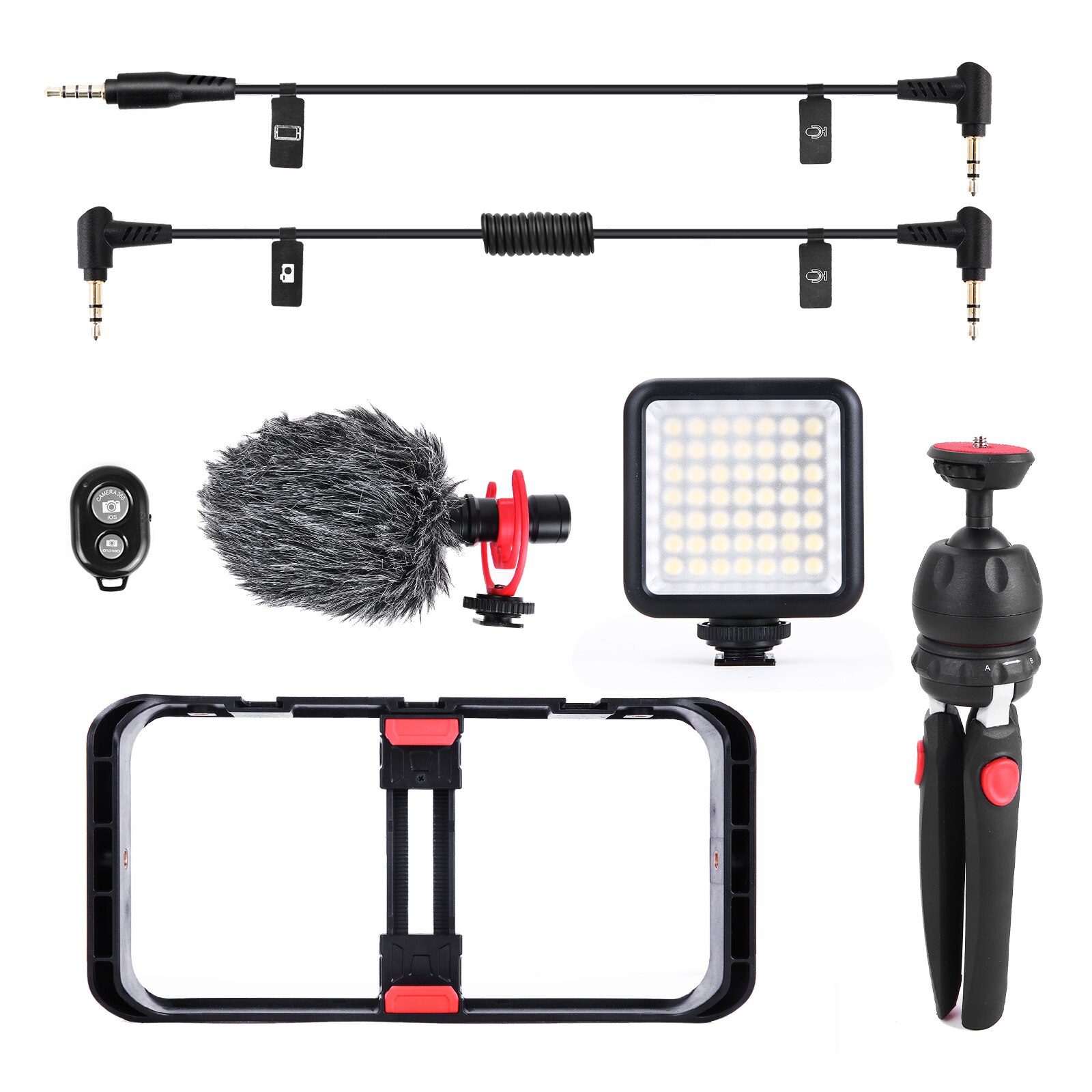 Andoer Kit Video Rig per Smartphone con gabbia per Smartphone con 3 supporti per scarpe fredde + Mini luci Video a LED + microfono con supporto antiurto