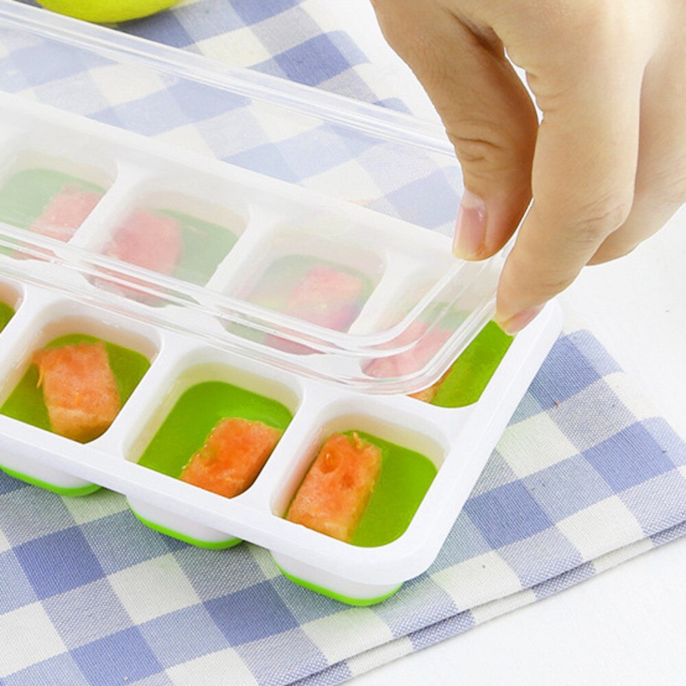 1 Pc Covered Ice Cube Tray Set With 14 Ice Cubes Molds Flexible Rubber Plastic Molds Flexible Rubber Plastic Stackable Green#T2