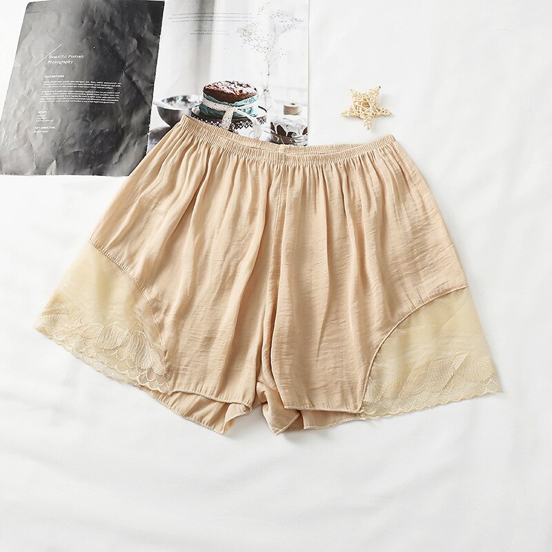 Summer Plus Size Short Sleep Bottoms Women Safety Shorts Satin Lace Shorts High Waist Short Sex Pants ouc122: skin colour / XXXL
