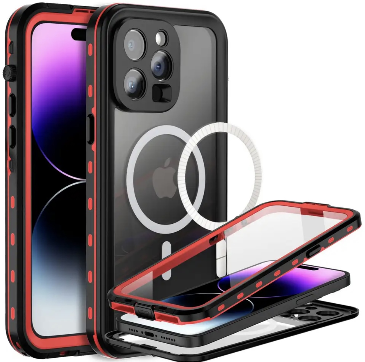 IP68 wasserdichte Hülle für iPhone 16 15 Pro Max 14 13 Pro Ganzkörper schutzhülle Schwimmen Unterwasser tauchen Magsafe Magnet hülle: Microfiber / Rot
