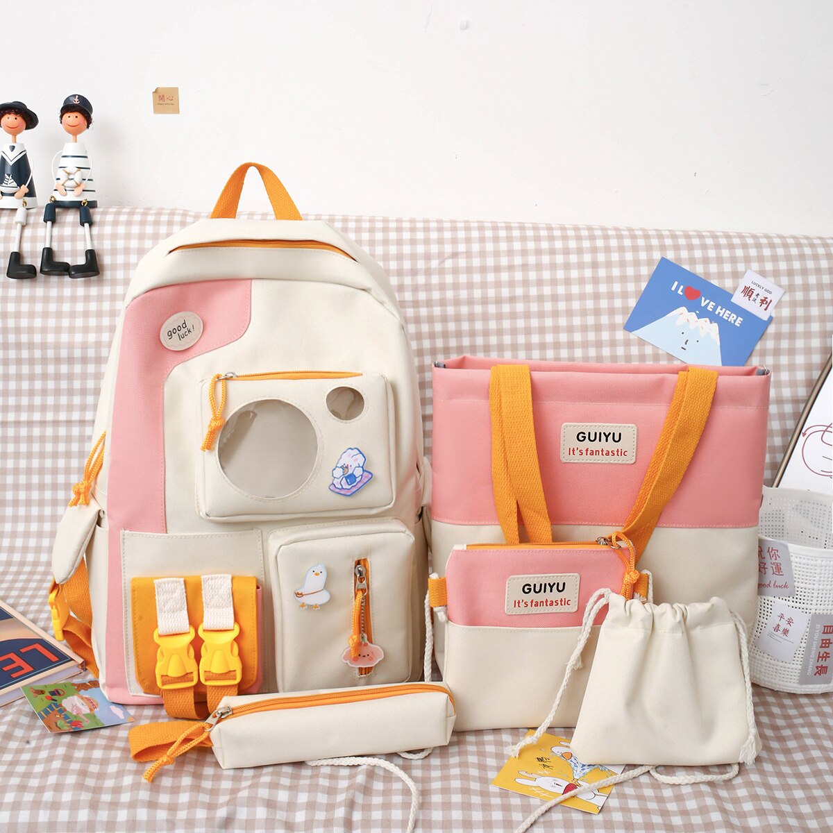 Wasser nachweisen Rucksack Für jugendlich Mädchen 2022 Nette Schule Tasche Für Frauen 5 Pes einstellen Schüler Rucksack Große Mehrere Taschen Tornister: Rosa