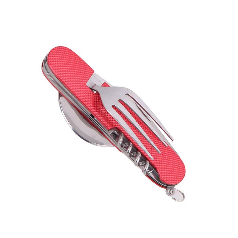 3 in1 multifunktionsværktøj sammenklappelig gaffel ske sæt rustfrit stål camping rejse picnic bestik bærbart sæt bestik: Rød