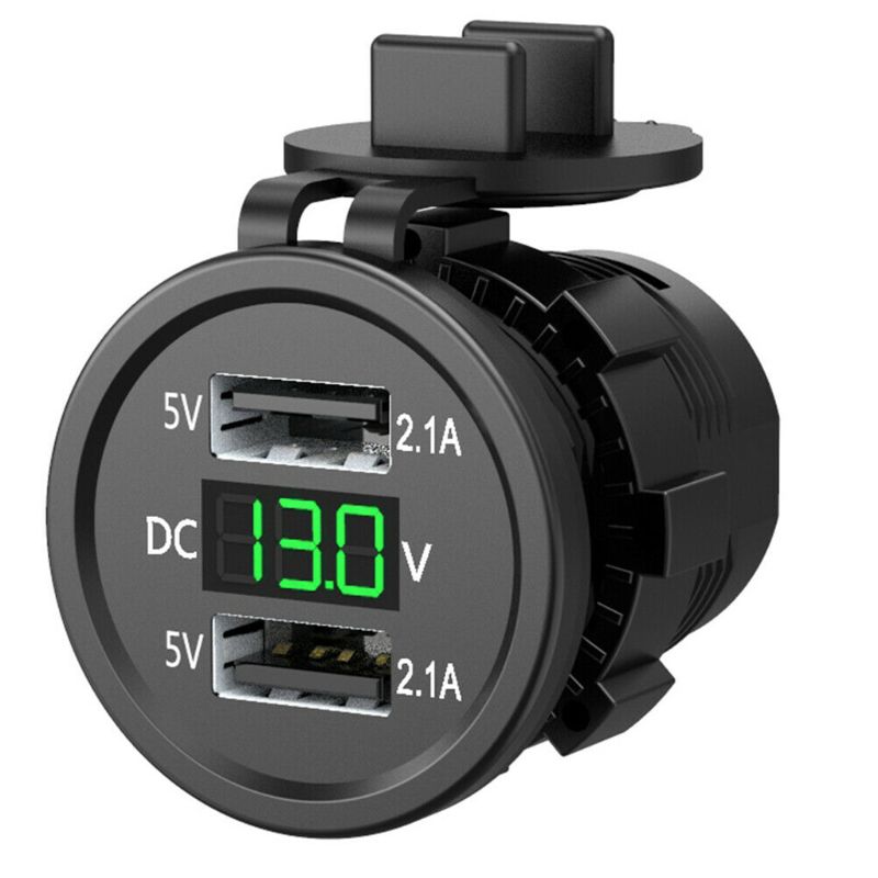 5v wasserdichte usb-ladebuchsen mit zwei anschlüssen und spannungsanzeige/voltmeter für 12-24v autos 2.1a boote und motorräder: Grün