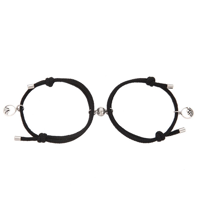 2 stk magnetisk gensidig tiltrækning par armbånd til kvinder justerbare håndlavede løfter af evigt flettet reb charm smykker: Sort