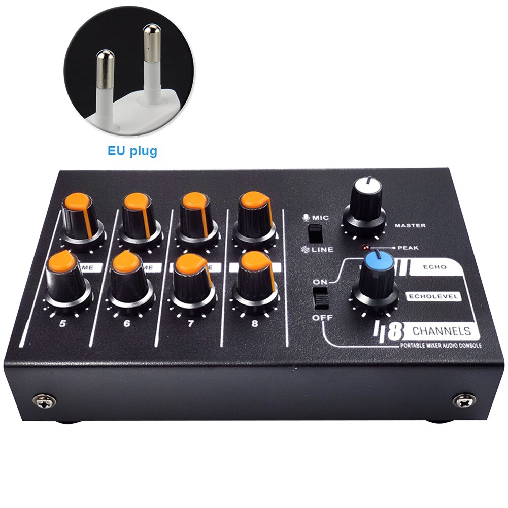 Stereo Mini Portable 8 Channels Audio Mixer Mono Black Home Low Noise Metal DJ Karaoke Party Switchable: EU