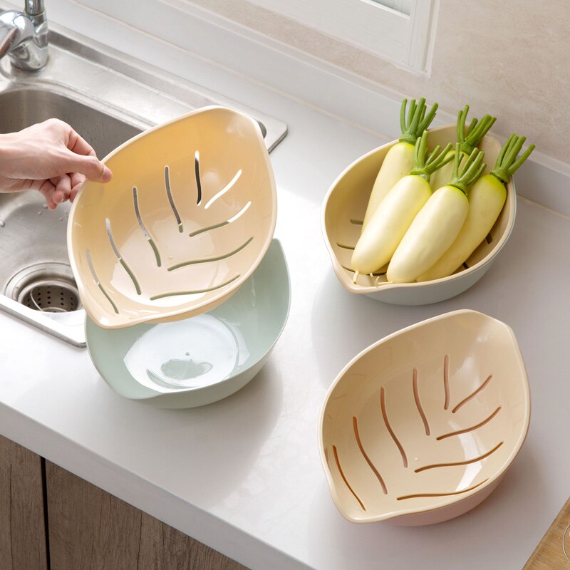 House leaves double wash vegetable basin kitchen plastic drain basin household fruits vegetables leachate wash vegetable basket