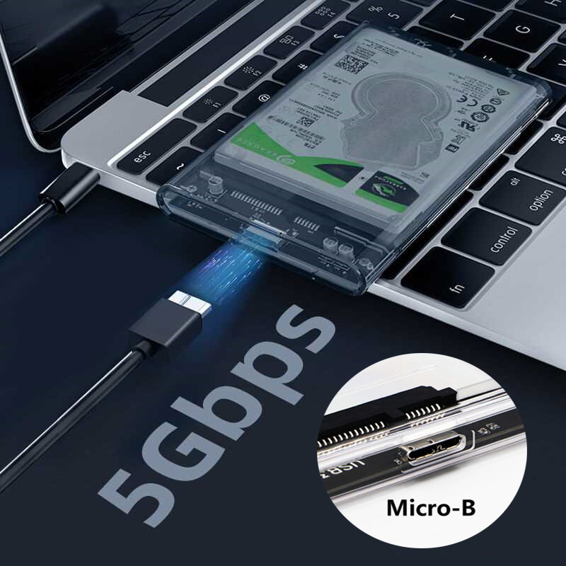 Caja HDD SSD de 2,5 pulgadas SATA a USB 3,0/Tipo C carcasa de disco duro externo transparente sin herramientas compatible con UASP SATA III para ordenador portátil