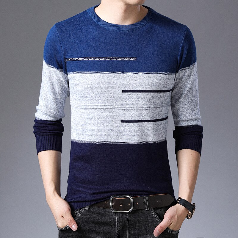 Høst vinter genser herre rund krage stripete bomullsgensere slim fit pull homme strikk 2022