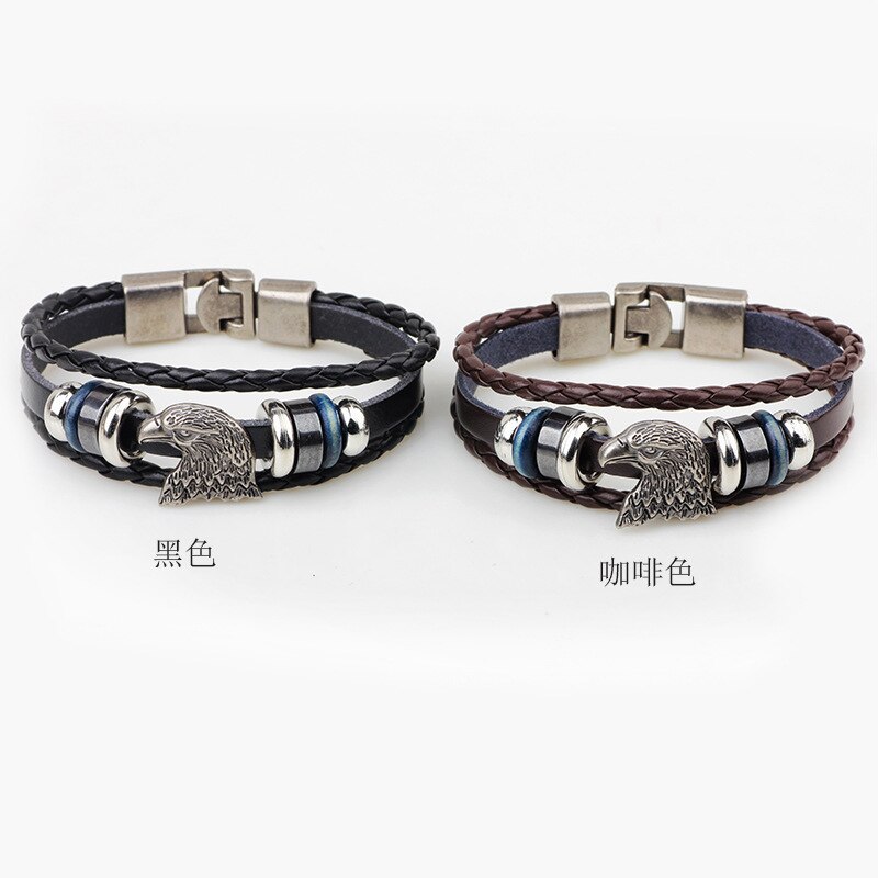Hüfte hüpfen Jahrgang Adler Kopf Charme Armbinde Leder Multi Schicht Punk Männer Wulst Ebene Adler Armbänder Männlichen Schmuck