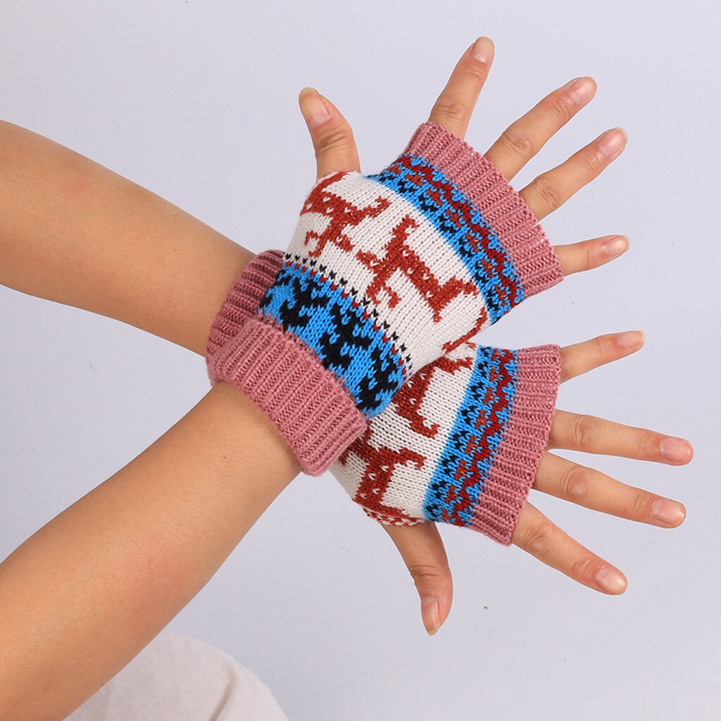 Adult Teens Christmas Winter Gloves Printed Deer Thick Knitted Mittens Fingerless Keep Warm Gloves For Girls Sports Outdoor: Pink 