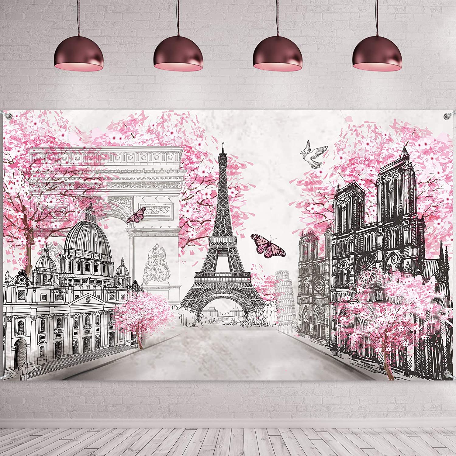 Paris Tapestry Backdrop Paris Wall Art Eiffel Tower Photo Banner Background European City Landscape Pink Wall Hanging Decor: 150x230cm