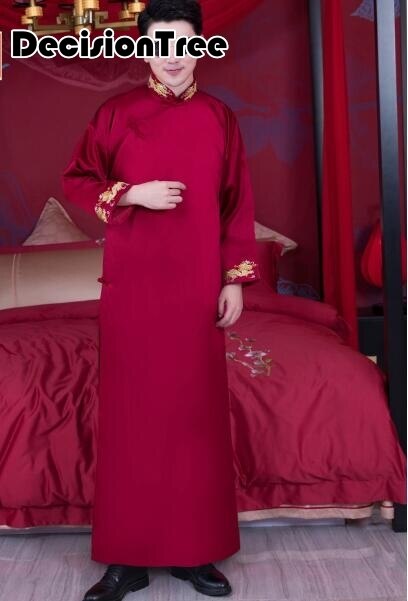 plus hombres chinos bordados batas de dragón tradicional ropa de dormir masculina ropa de dormir kimono rojo bata de baño: color2 / XL