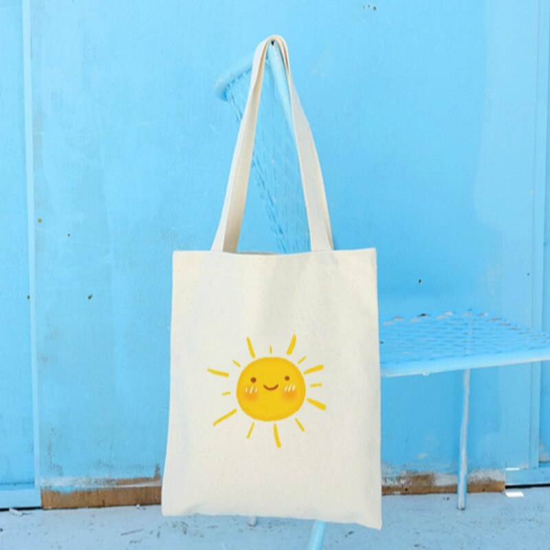 Mignon soleil impression à la sacs noirs sacs blancs fermeture à glissière Shopping fourre-tout toile sacs à provisions Eco sac à bandoulière réutilisable