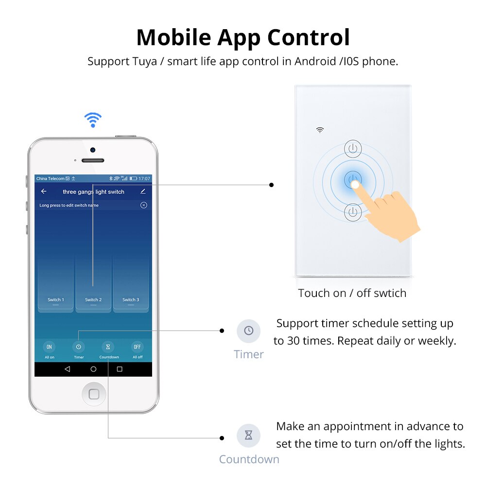 Zemismart US Tuya WiFi Light Switch Neutral Optional Wire 1 2 3 Gang Alexa Google Home Assistant Smart Life Control 100V 240V