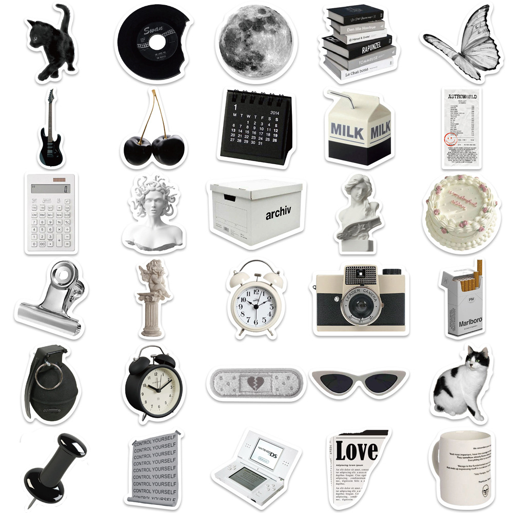 10/30/61 stk. søde sort-hvide klistermærker i indvendig stil, æstetiske klistermærker, notesbog, bærbar computer, telefon, kuffert, scrapbooking, dekoration, klistermærke
